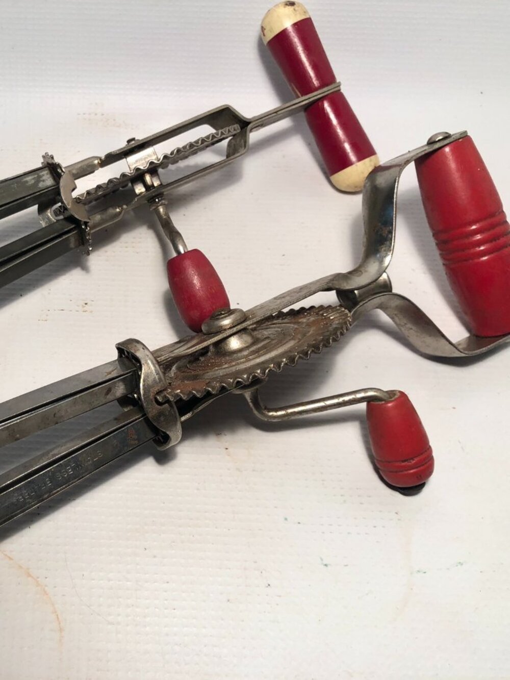 Lot of 2 Vintage Country Farmhouse Red Wood Handle Kitchen Mixers